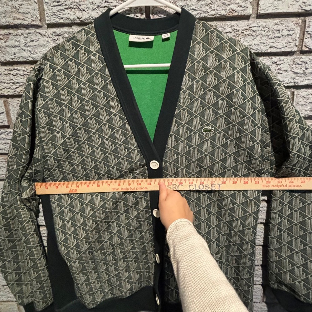 Lacoste Loose Fit Monogram Geometric Cardigan Green Grey Size 44 AF2430 - Picture 5 of 7